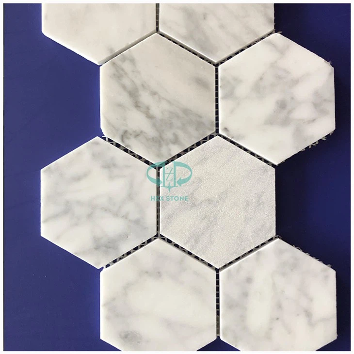 Ubin Mosaik Hexagon Marmer Putih Carrara